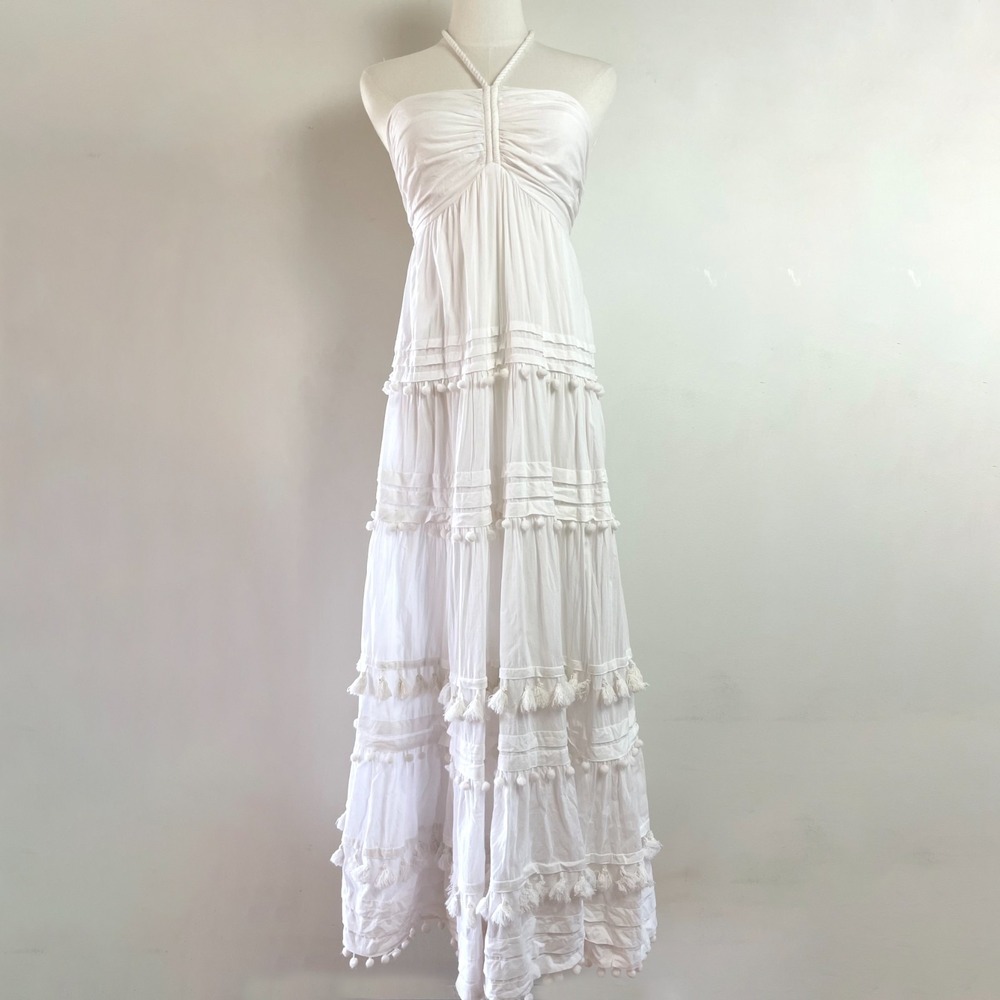 Intermix Beachclub Pompom White Maxi Dress XS Cotton Tiered Boho Resort Vacation